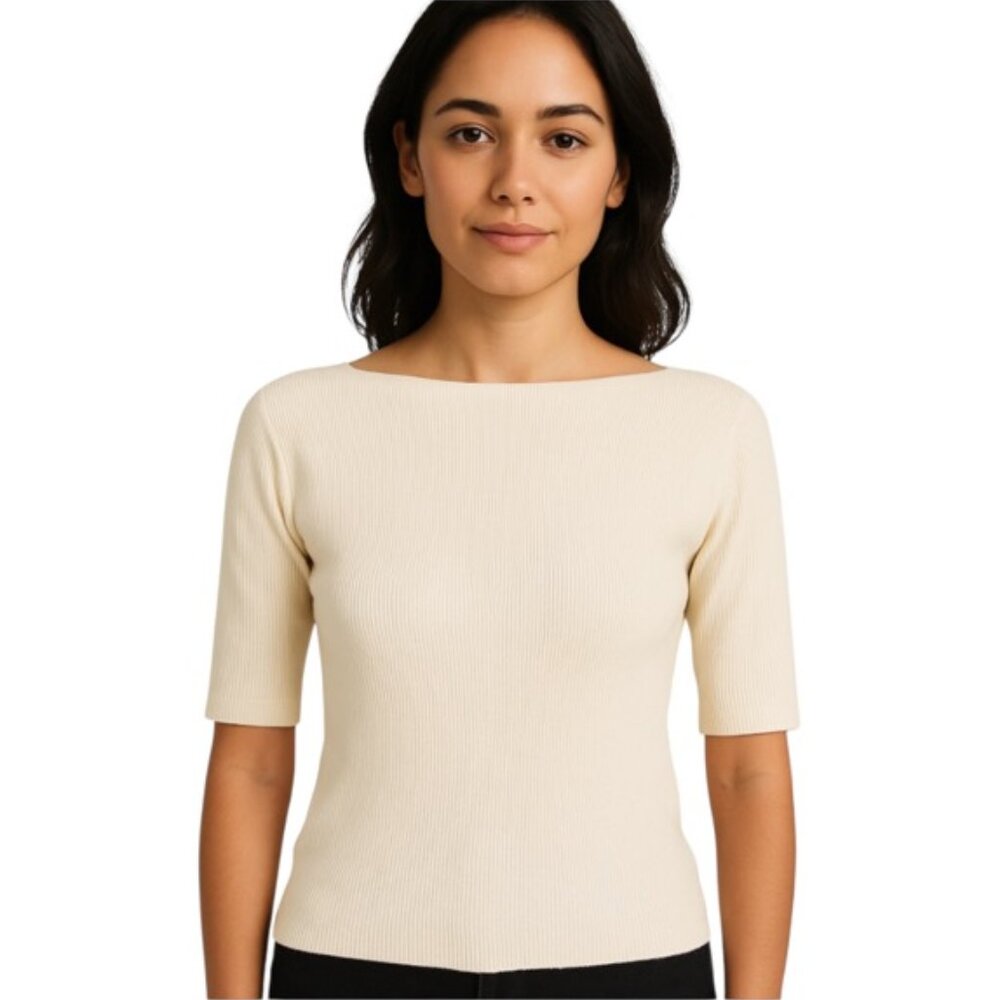 Akris Cream Ribbed 1/2 Sleeve Square Neck Lightweight Sweater